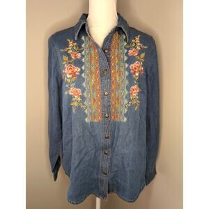 Vintage Style Embroidered Chambray Shirt Medium Floral Western Boho